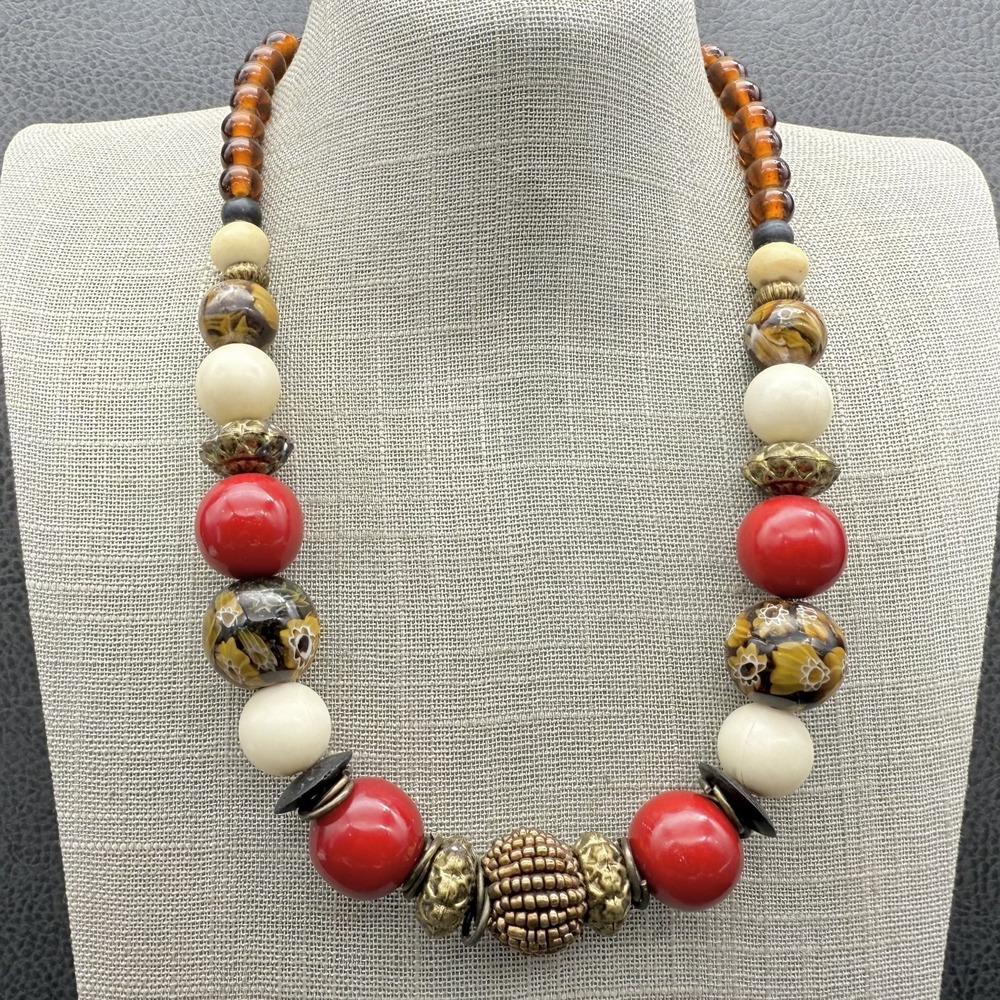 NY‎ Necklace Beaded Statement Chunky Red Gold Cream Brown Floral Beads 16 Inch